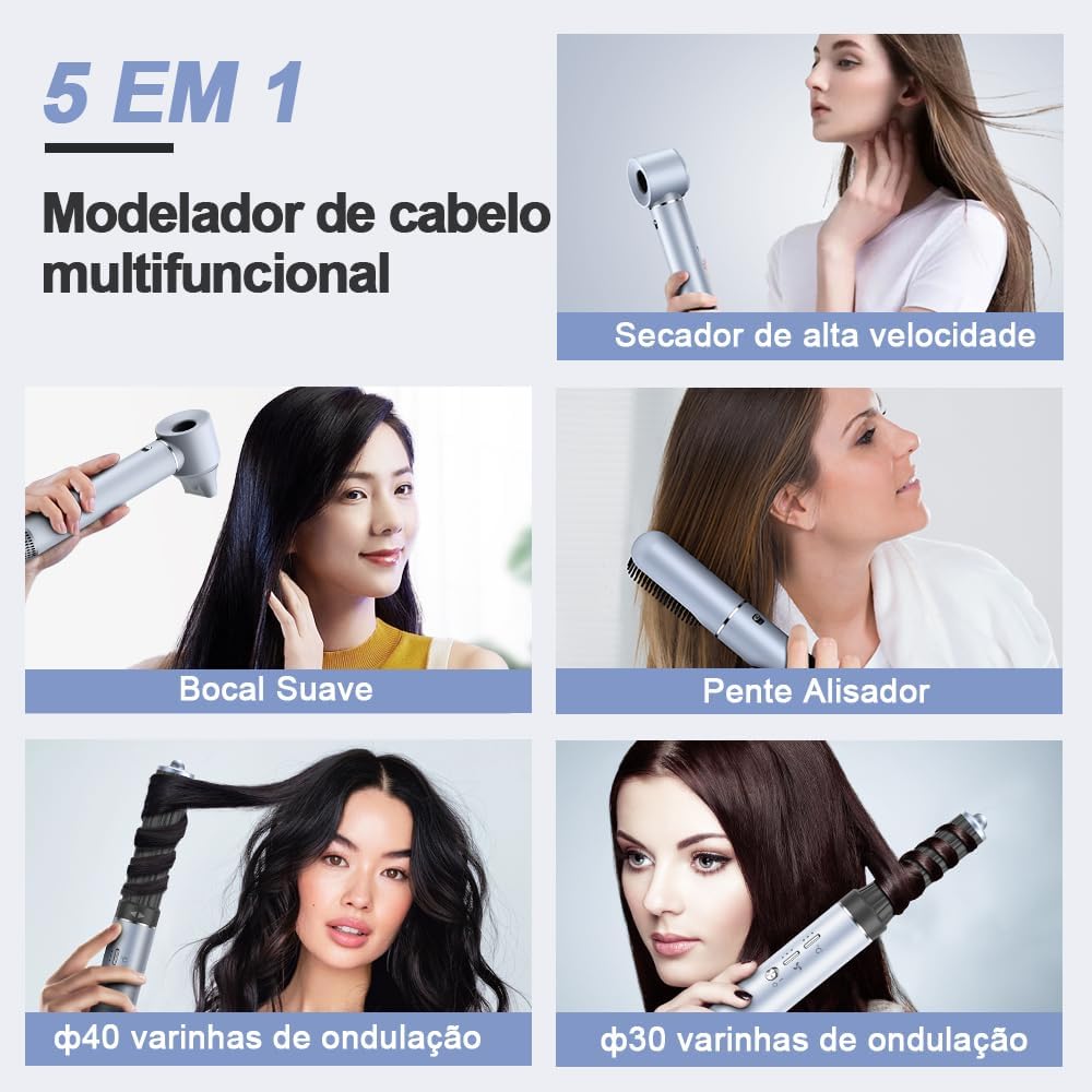 GOKOCO Secador de Cabelo 5 em 1 Conjunto, Escova Secadora 1400W, Kit Modelador Liso e Cacheado com Bocal Magnético Compatível com 110v e 127v, Prata - Image 2