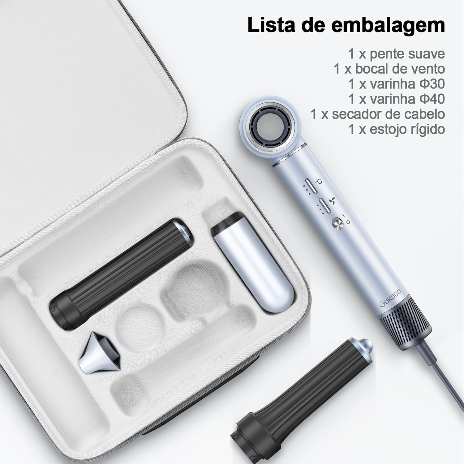 GOKOCO Secador de Cabelo 5 em 1 Conjunto, Escova Secadora 1400W, Kit Modelador Liso e Cacheado com Bocal Magnético Compatível com 110v e 127v, Prata - Image 7